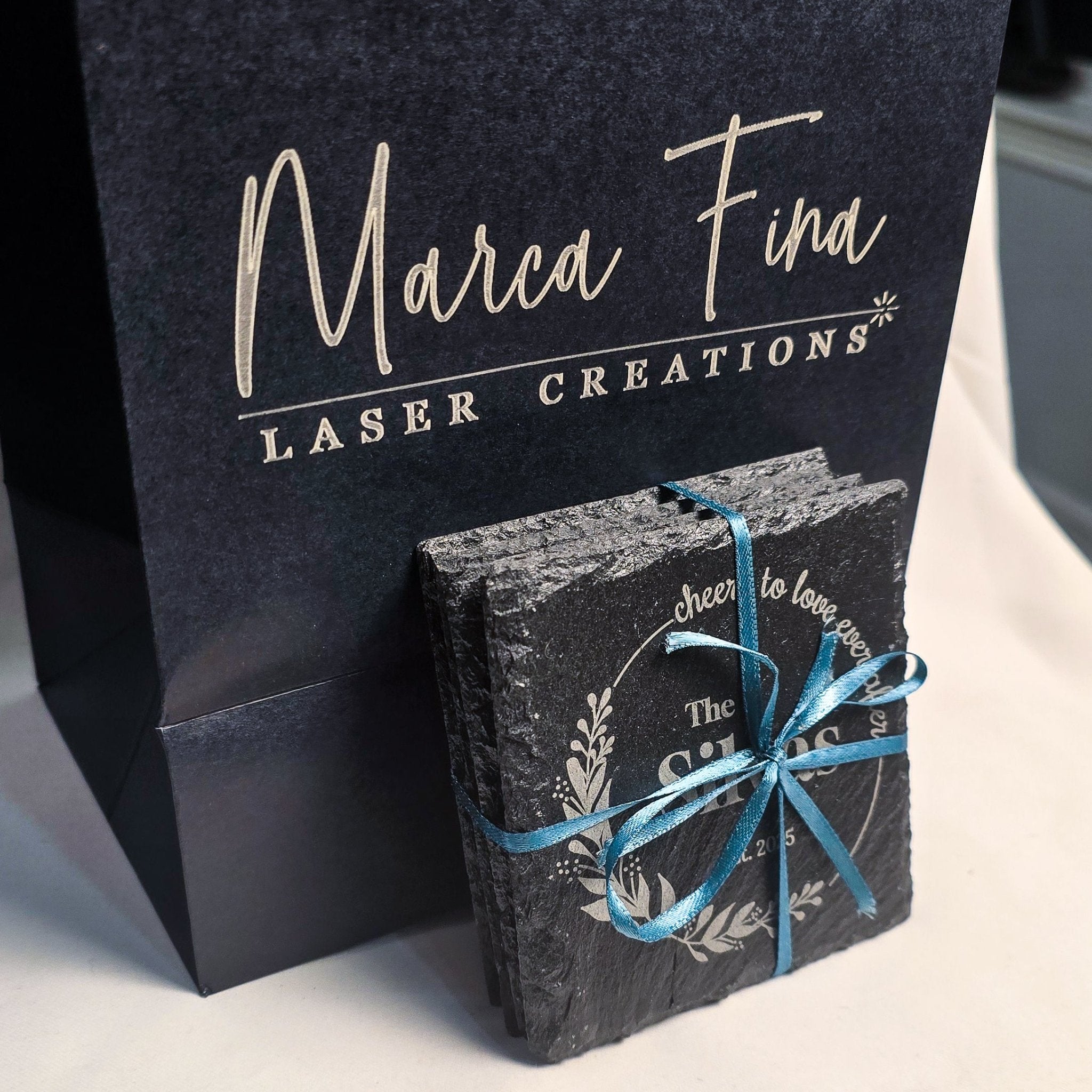 Black Slate Coaster - 4" Square Stone [Individual] - Marca Fina Laser Creations - 