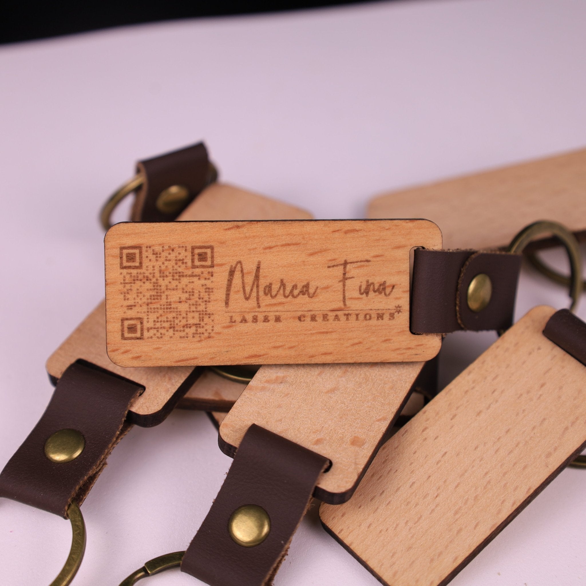 Wooden Keychain - Walnut Grain with Leather Strap - Marca Fina Laser Creations - 